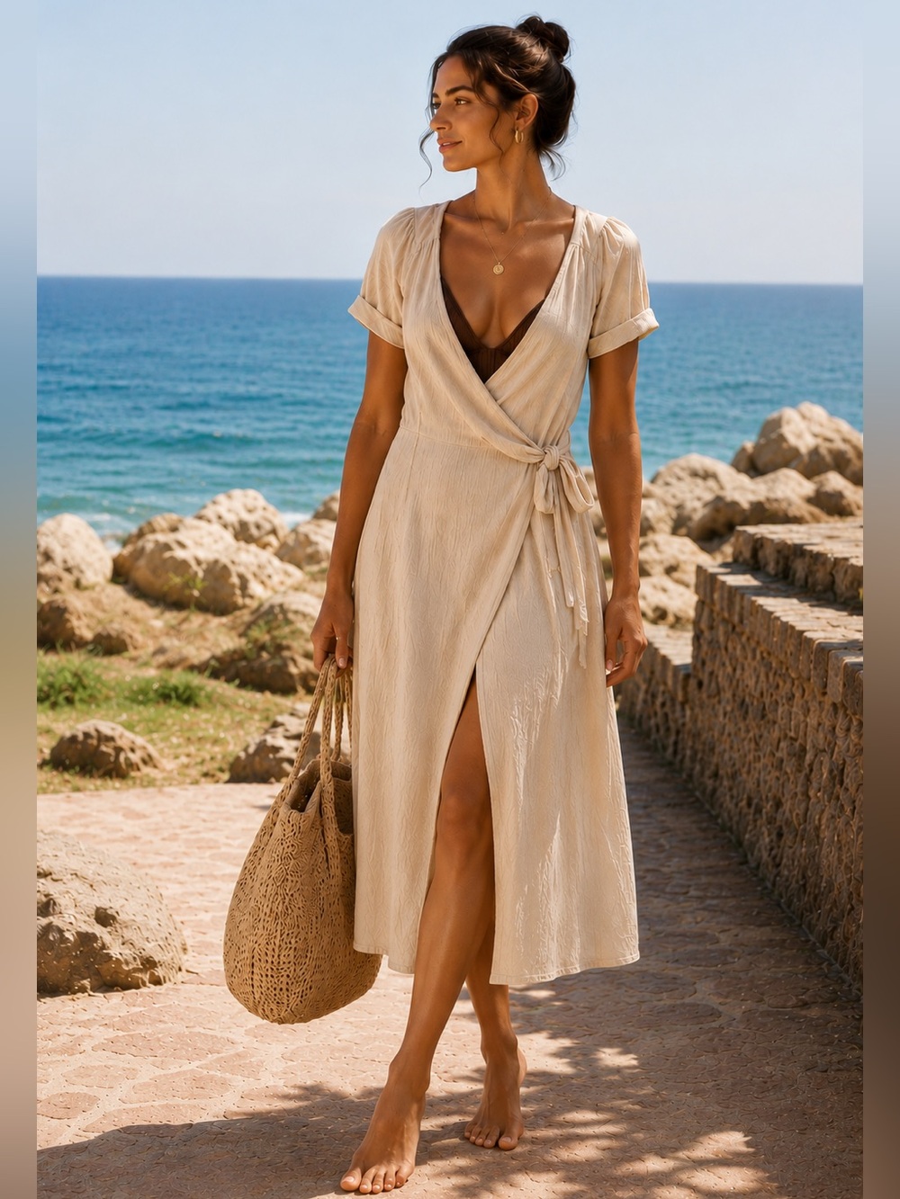 MARA HOFFMAN SWIM ADELINA NATURAL SWIM DRESS NEUTRAL MIDI  COVER UP SZ S